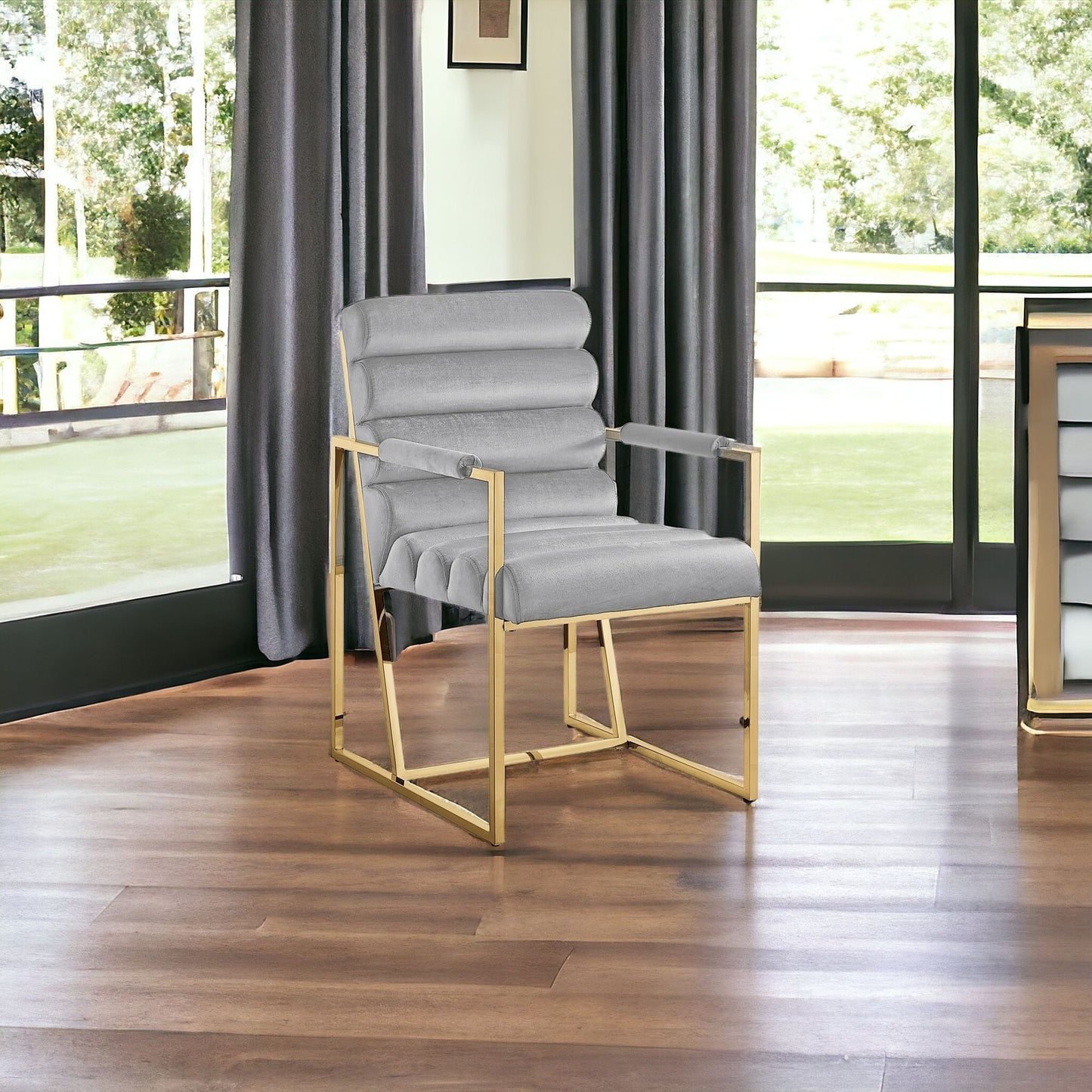 Tufted Gray & Gold Velvet Dining Chairs - Set of 2