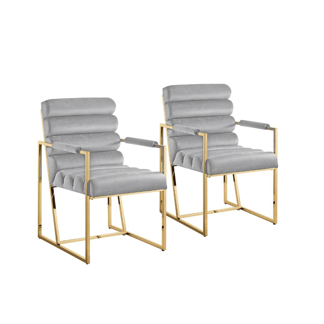Tufted Gray & Gold Velvet Dining Chairs - Set of 2