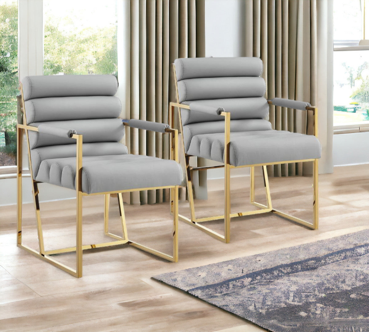 Tufted Gray & Gold Faux Leather Dining Chairs - Set of 2