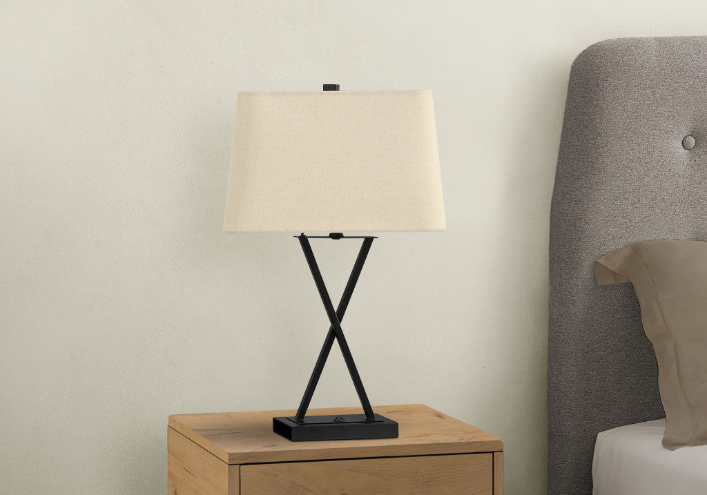 Black Geometric Table Lamp w/ Beige Shade