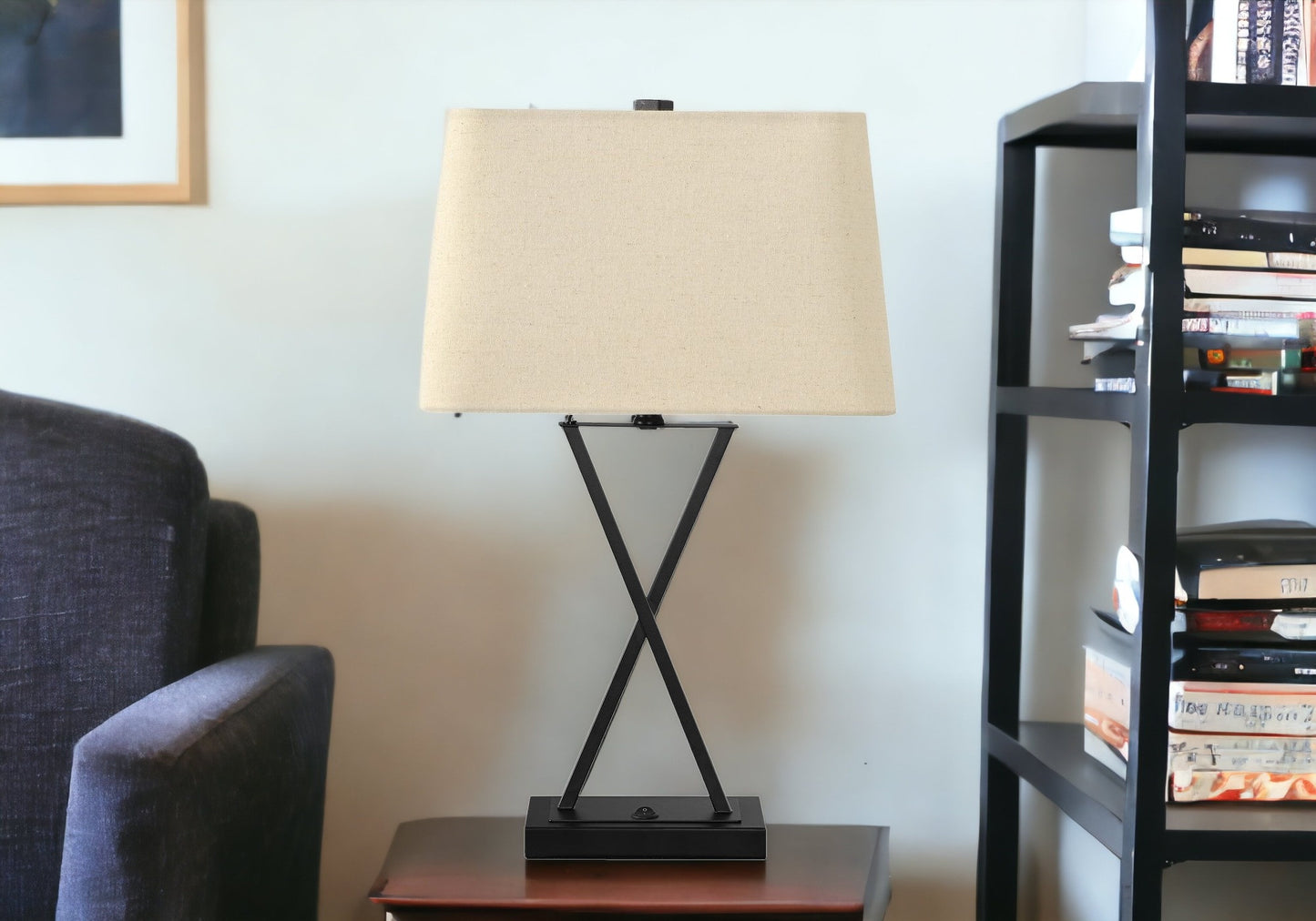 Black Geometric Table Lamp w/ Beige Shade