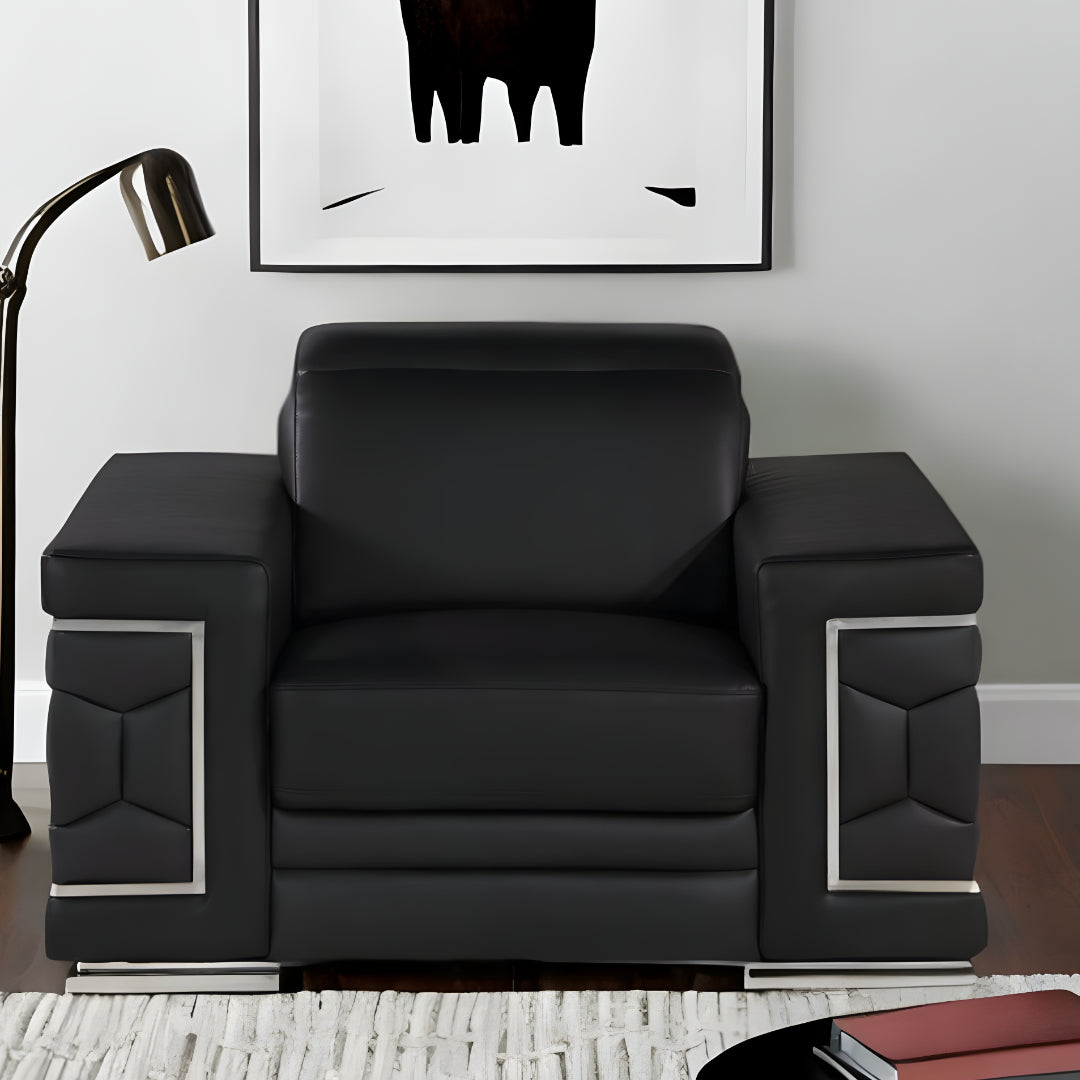 Black & Silver Genuine Leather Club Chair
