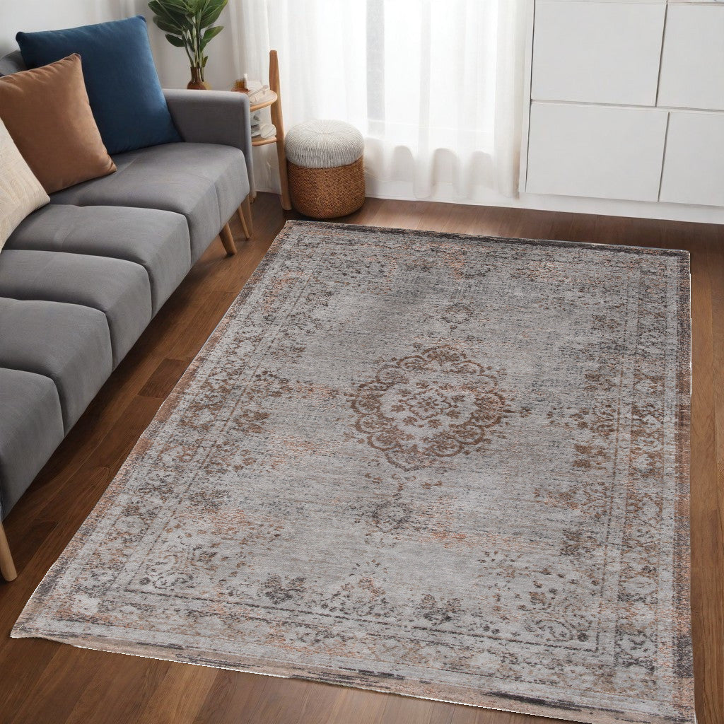 5 x 7 Gray & Beige Medallion Non Skid Rug