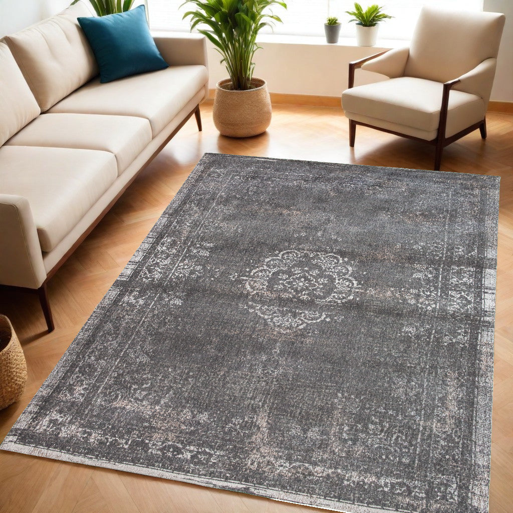 5 x 7 Gray Medallion Non Skid Rug