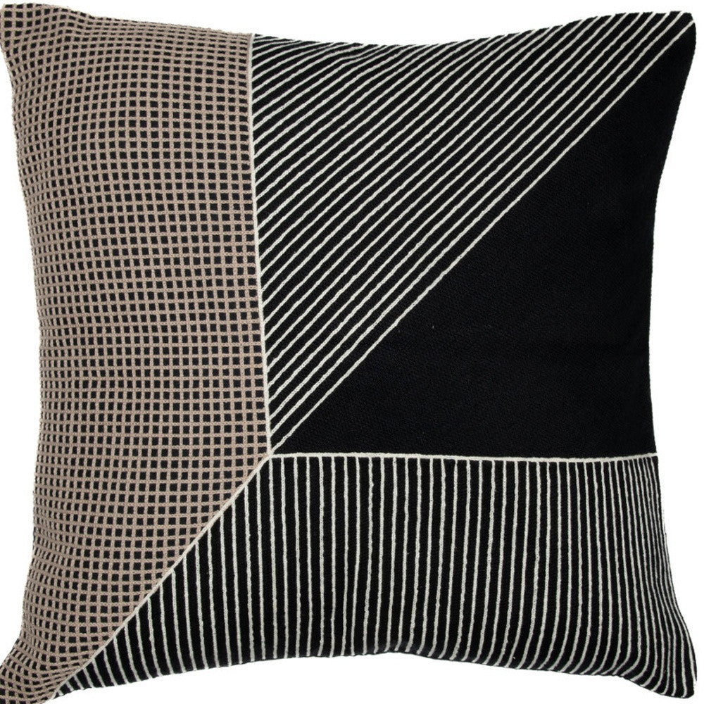 Black & White Geometric Cotton Pillow w/ Embroidery