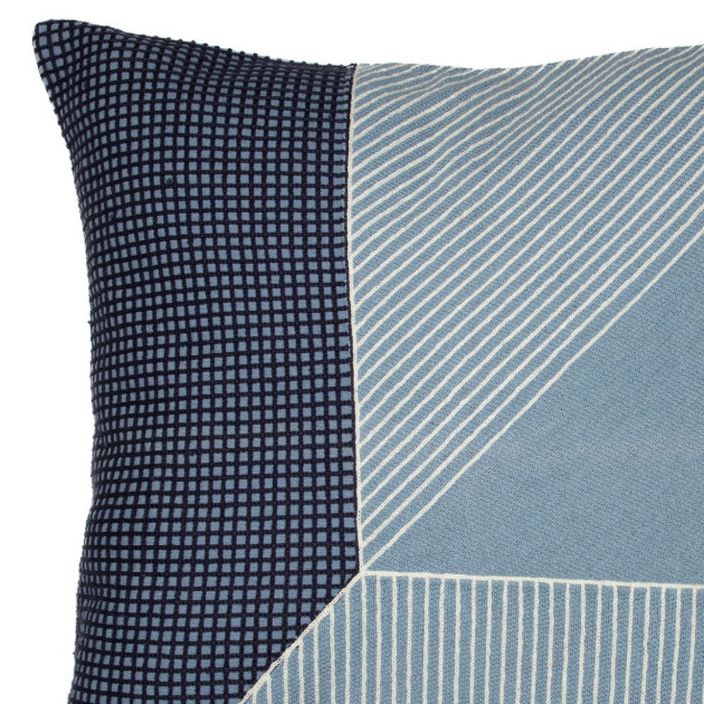Blue & White Geometric Cotton Pillow w/ Embroidery