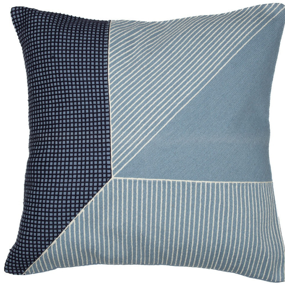 Blue & White Geometric Cotton Pillow w/ Embroidery