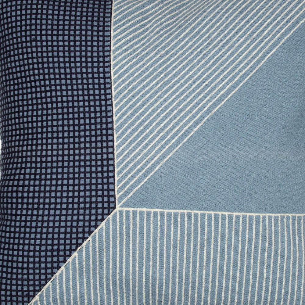 Blue & White Geometric Cotton Pillow w/ Embroidery