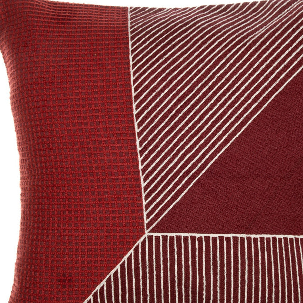Red & White Geometric Cotton Pillow w/ Embroidery