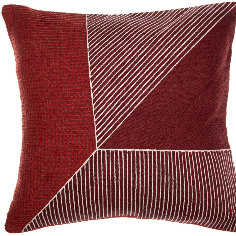 Red & White Geometric Cotton Pillow w/ Embroidery