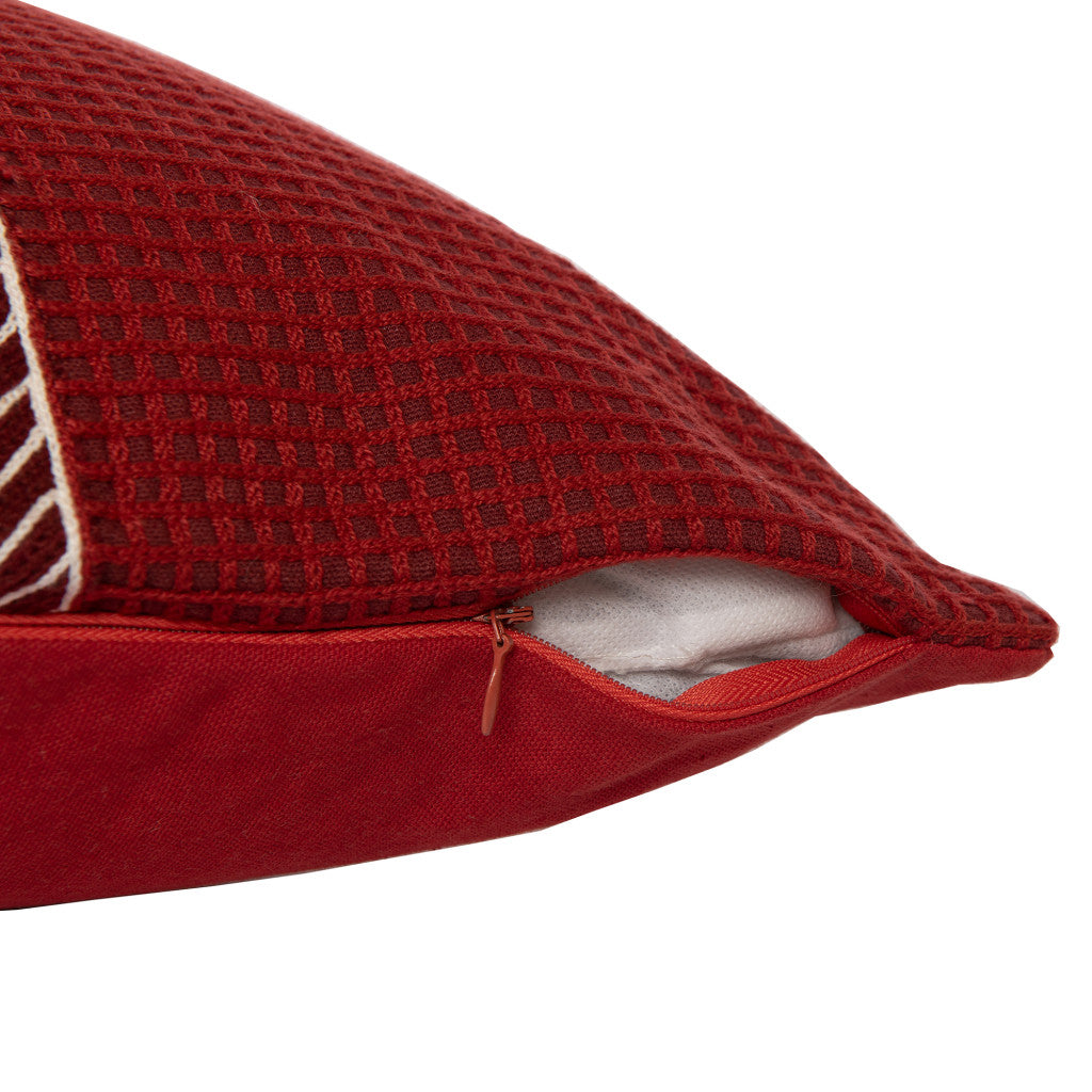 Red & White Geometric Cotton Pillow w/ Embroidery