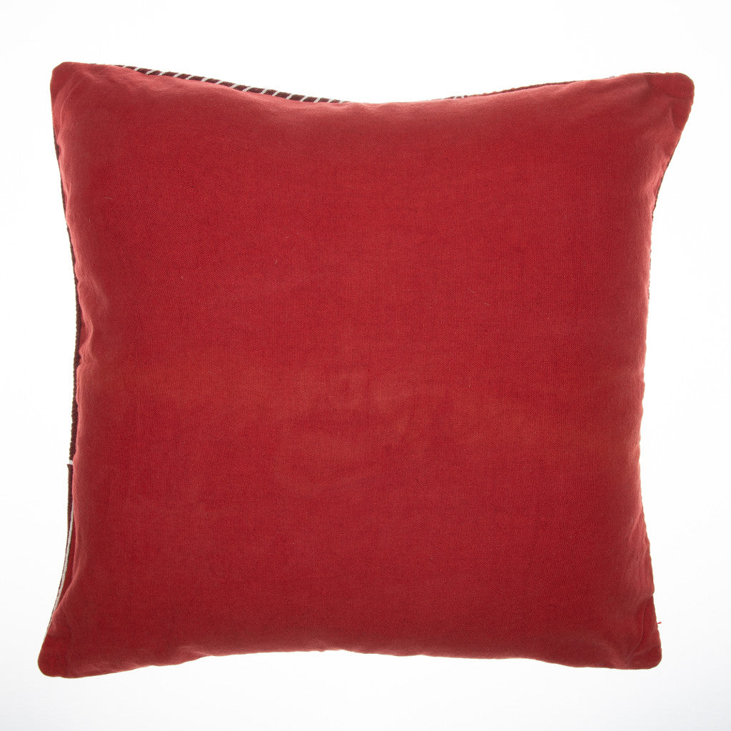 Red & White Geometric Cotton Pillow w/ Embroidery