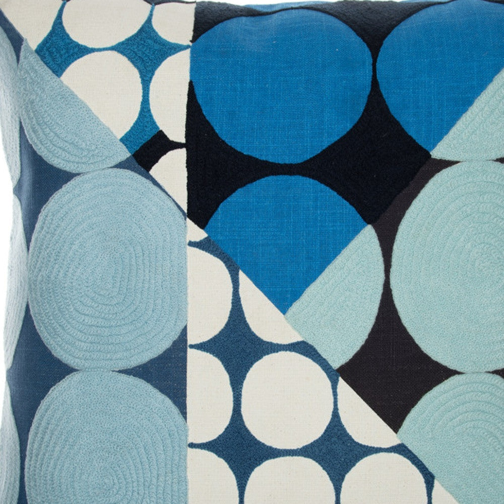 Blue & Ivory Geometric Cotton Pillow w/ Embroidery