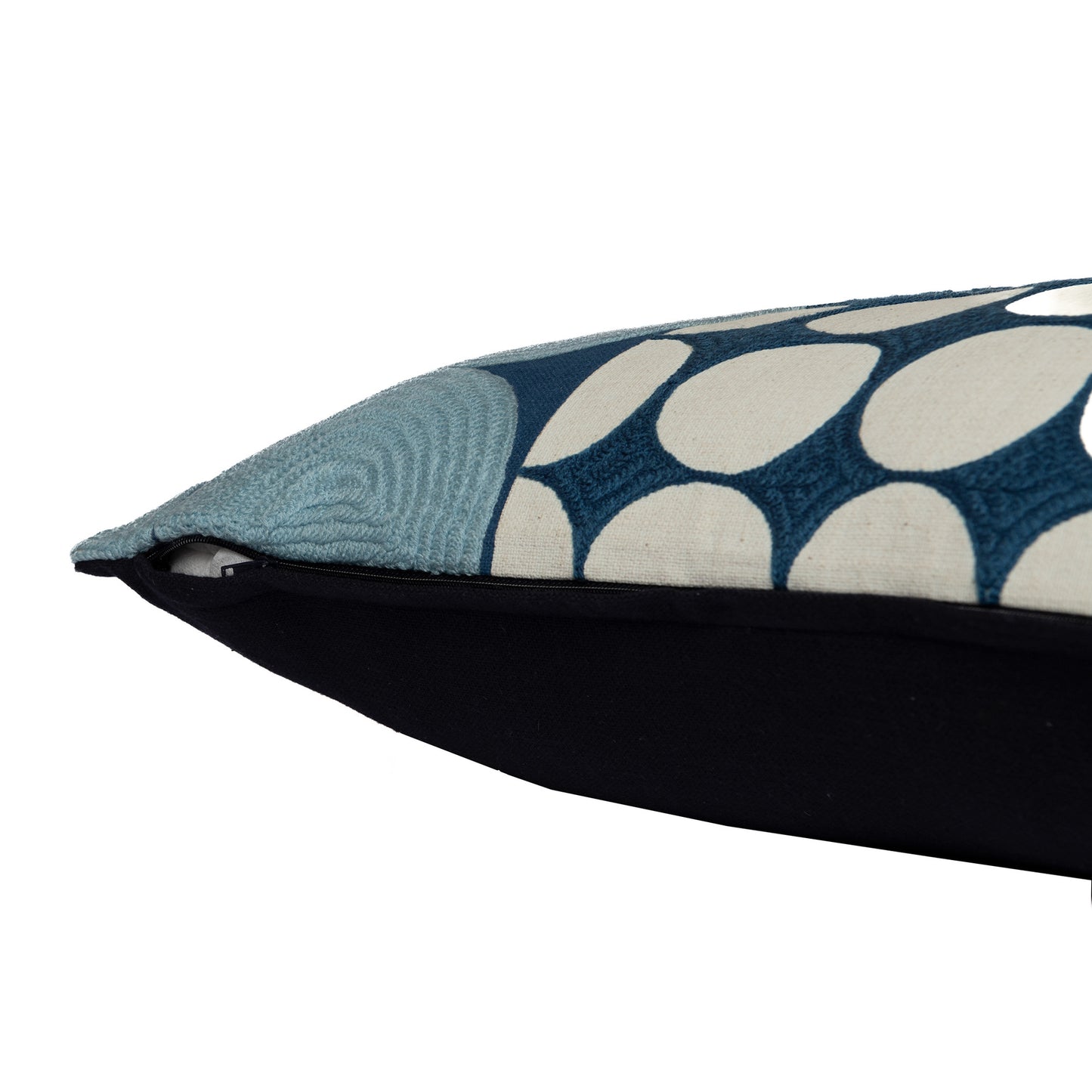 Blue & Ivory Geometric Cotton Pillow w/ Embroidery