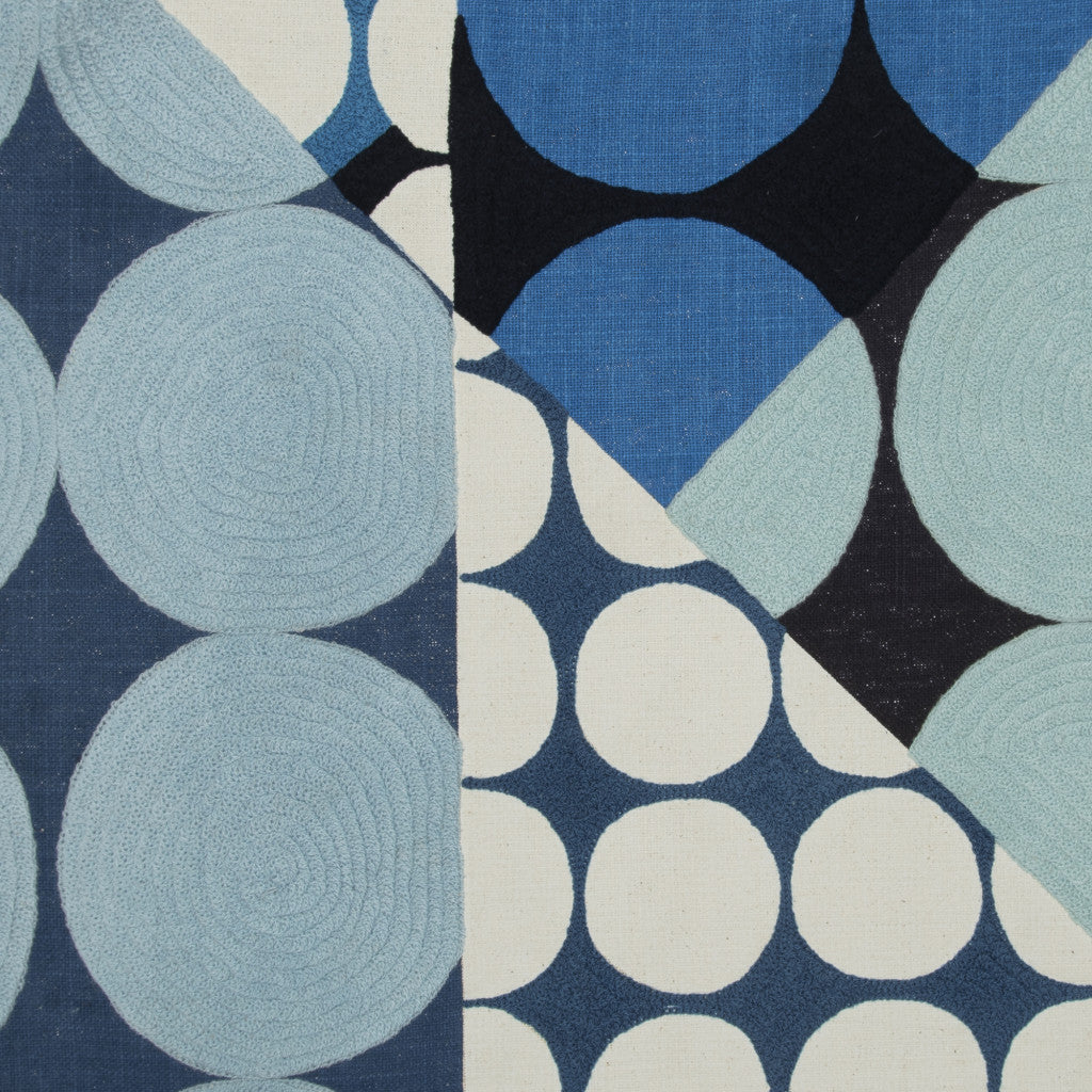 Blue & Ivory Geometric Cotton Pillow w/ Embroidery