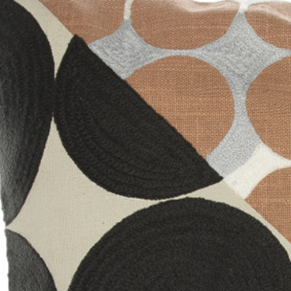 Beige & Black Geometric Cotton Pillow w/ Embroidery