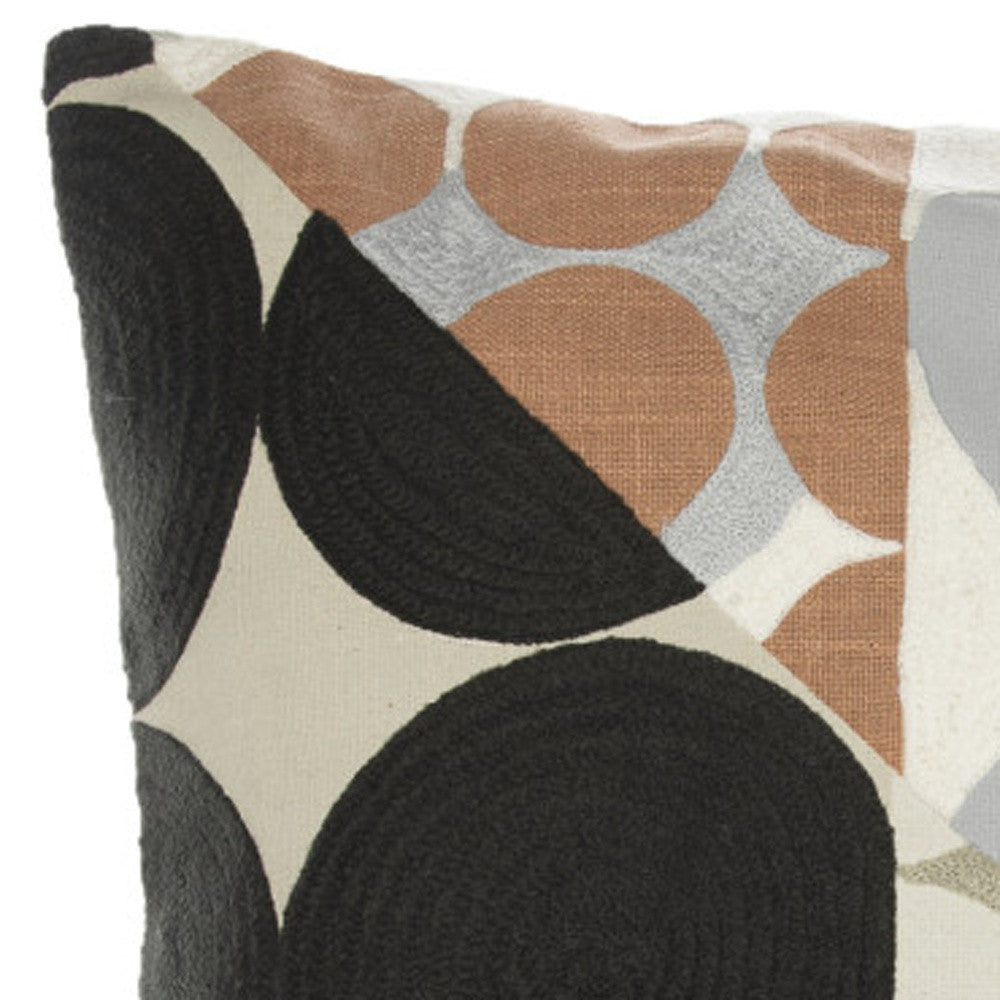 Beige & Black Geometric Cotton Pillow w/ Embroidery