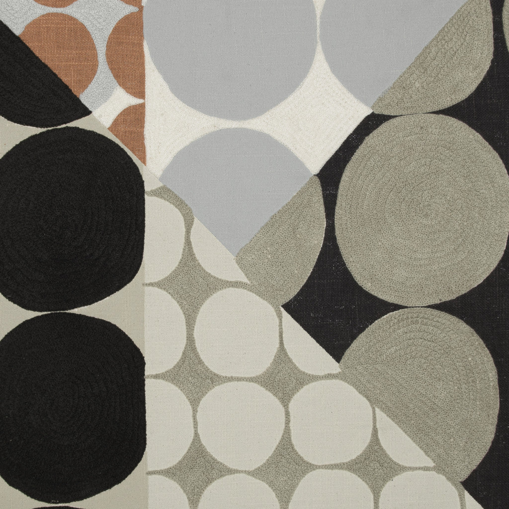 Beige & Black Geometric Cotton Pillow w/ Embroidery
