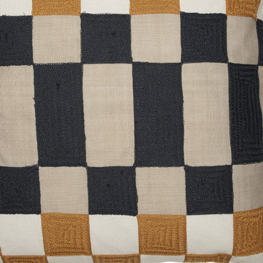 Navy Blue Check Pillow w/ Embroidery