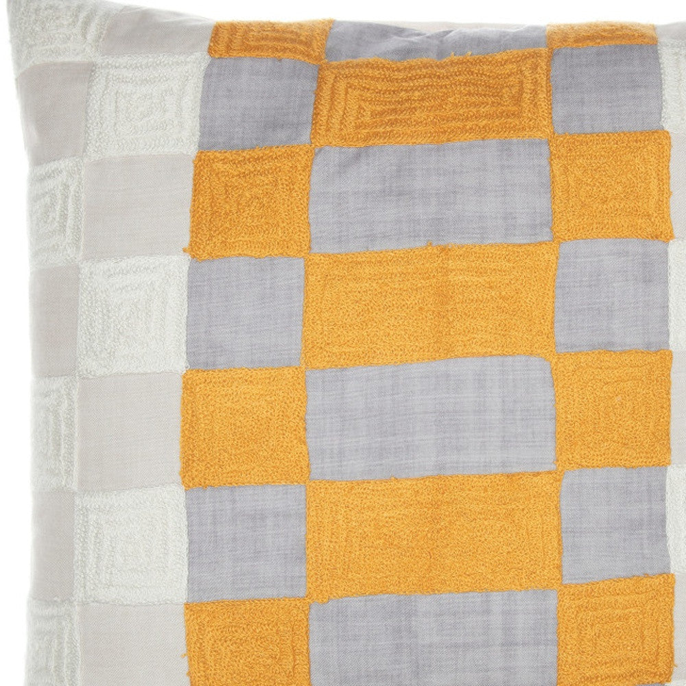 Yellow & Gray Check Pillow w/ Embroidery