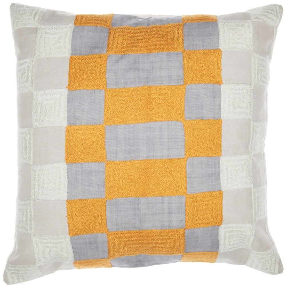 Yellow & Gray Check Pillow w/ Embroidery