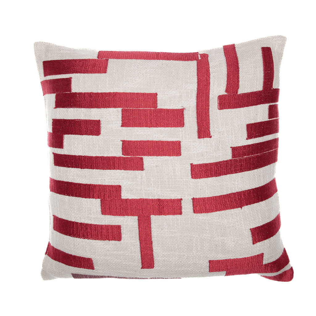 Red & Ivory Geometric Cotton Blend Pillow w/ Embroidery