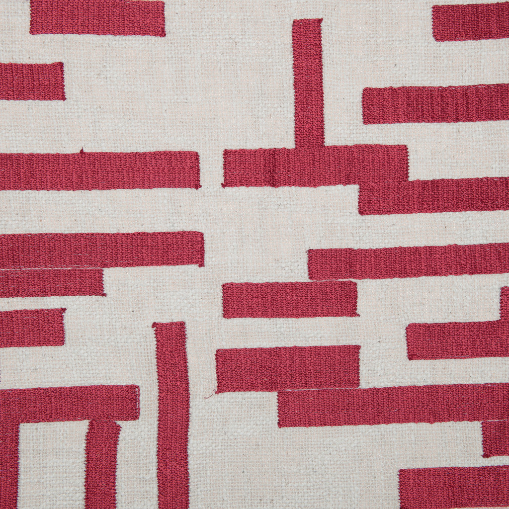 Red & Ivory Geometric Cotton Blend Pillow w/ Embroidery