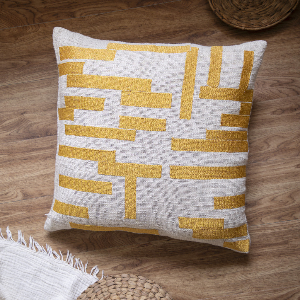 Yellow & Ivory Geometric Cotton Blend Pillow w/ Embroidery