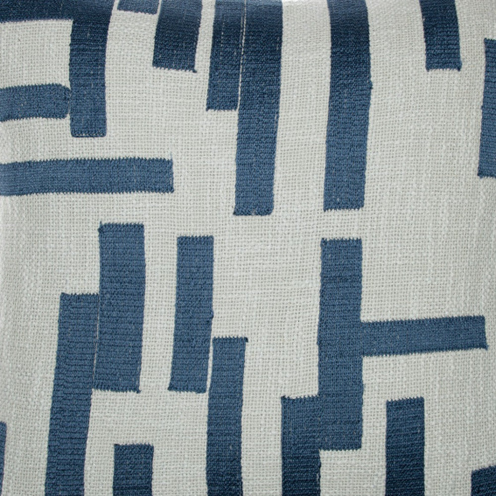 Blue & Ivory Geometric Cotton Blend Pillow w/ Embroidery