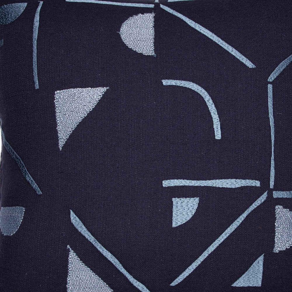 Blue Geometric Cotton Blend Pillow w/ Embroidery