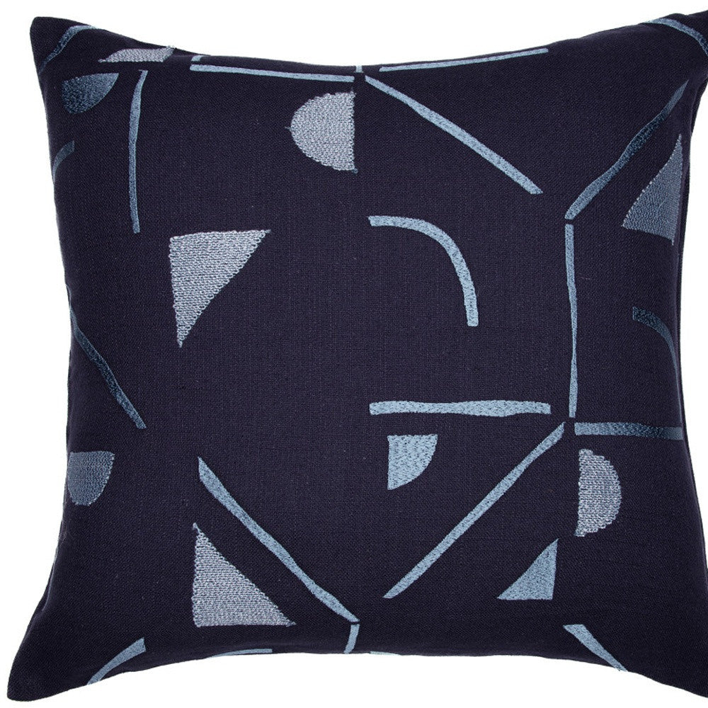 Blue Geometric Cotton Blend Pillow w/ Embroidery