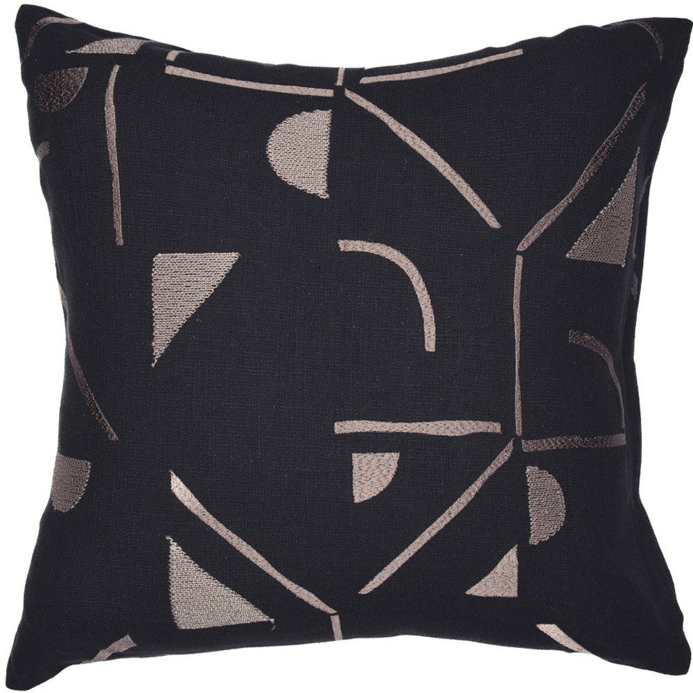 Beige & Black Geometric Cotton Blend Pillow w/ Embroidery