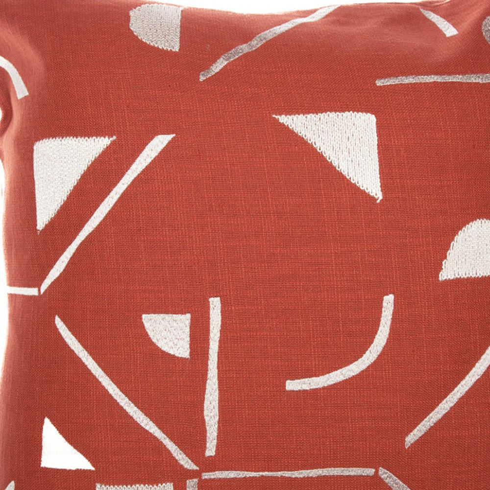 Orange & Ivory Geometric Cotton Blend Pillow w/ Embroidery