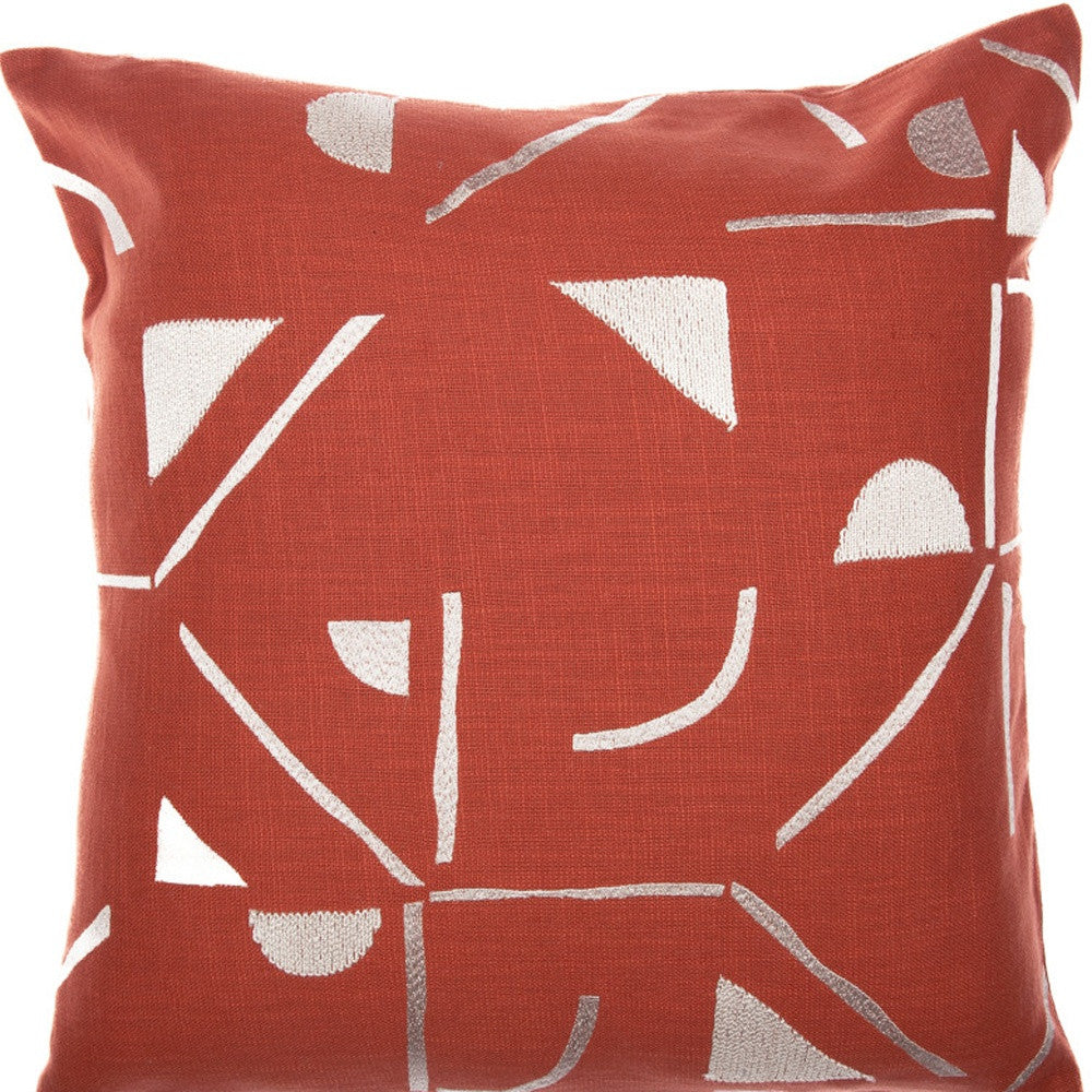 Orange & Ivory Geometric Cotton Blend Pillow w/ Embroidery