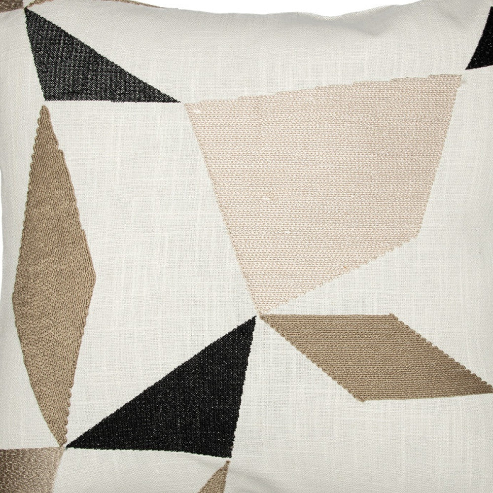 Taupe & Ivory Geometric Cotton Blend Pillow w/ Embroidery