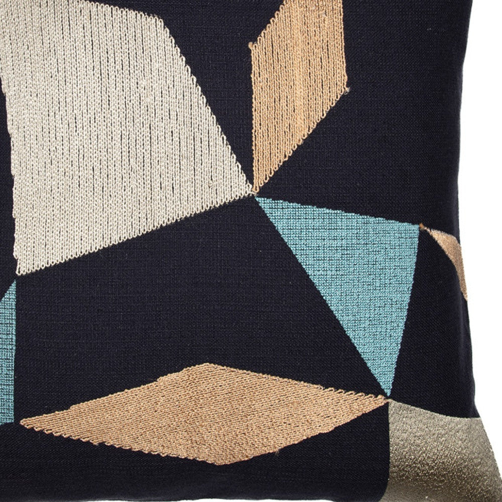 Blue & Beige Geometric Cotton Blend Pillow w/ Embroidery