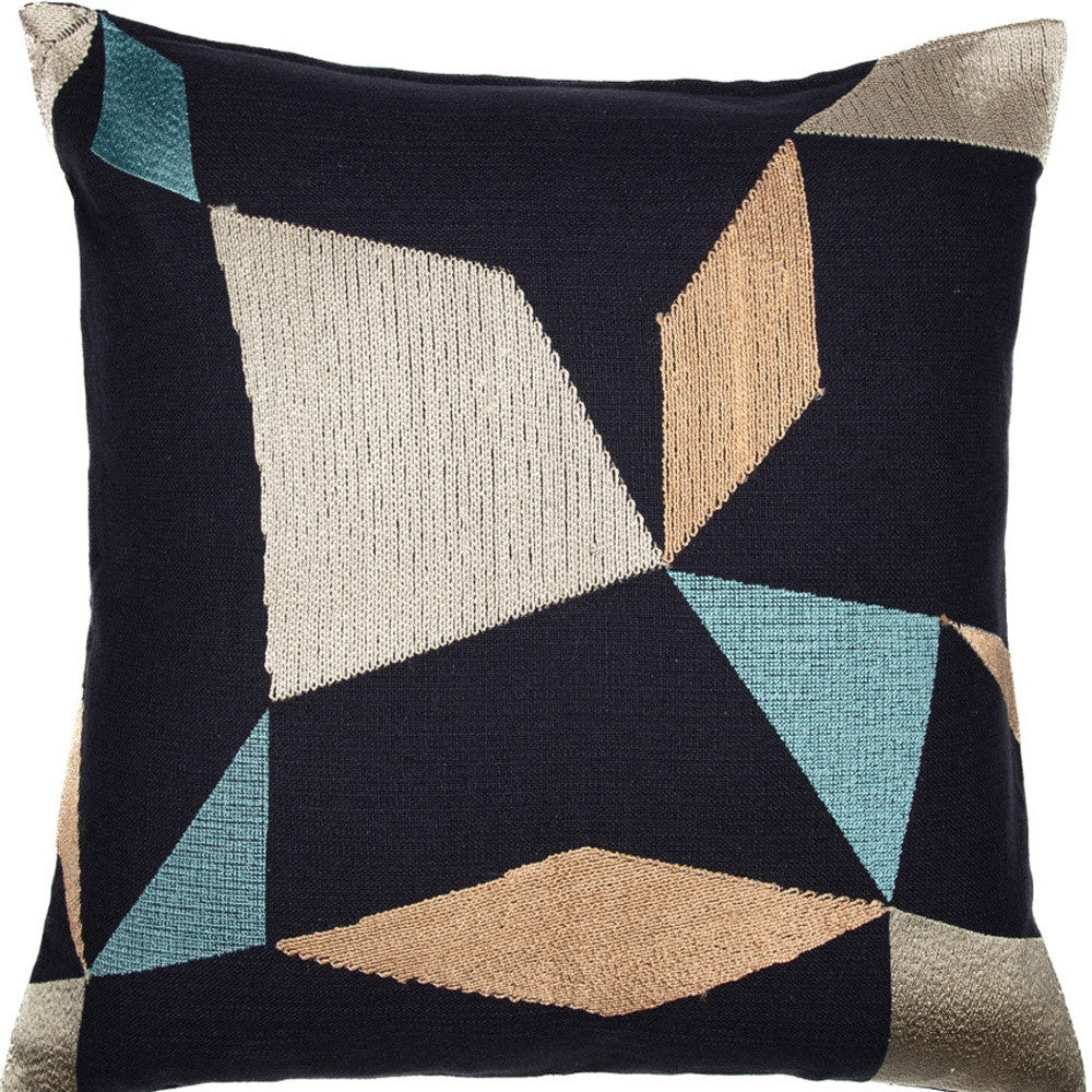 Blue & Beige Geometric Cotton Blend Pillow w/ Embroidery