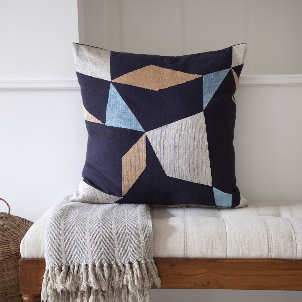 Blue & Beige Geometric Cotton Blend Pillow w/ Embroidery