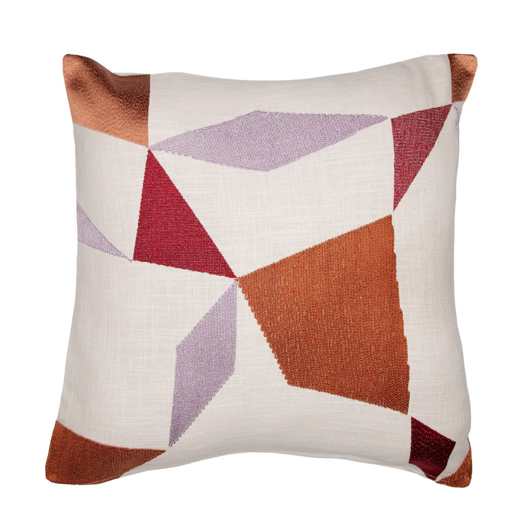 Ivory Geometric Cotton Blend Pillow w/ Embroidery