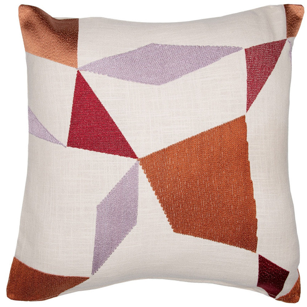 Ivory Geometric Cotton Blend Pillow w/ Embroidery