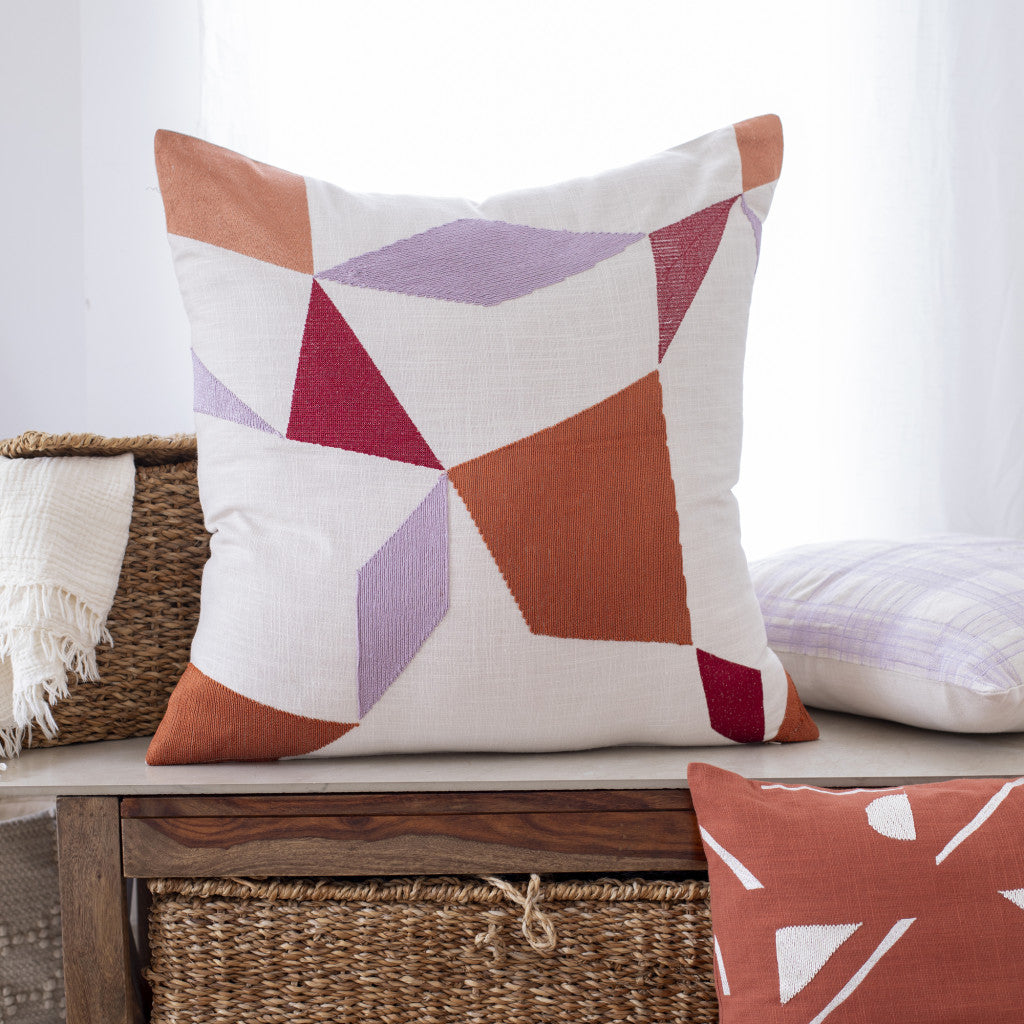 Ivory Geometric Cotton Blend Pillow w/ Embroidery