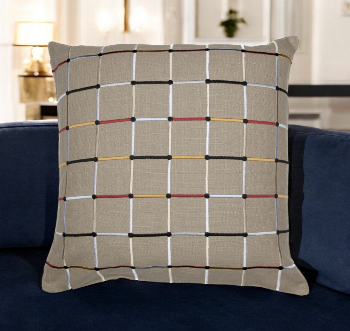 Beige Check Cotton Blend Pillow w/ Embroidery