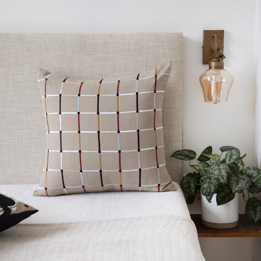 Beige Check Cotton Blend Pillow w/ Embroidery