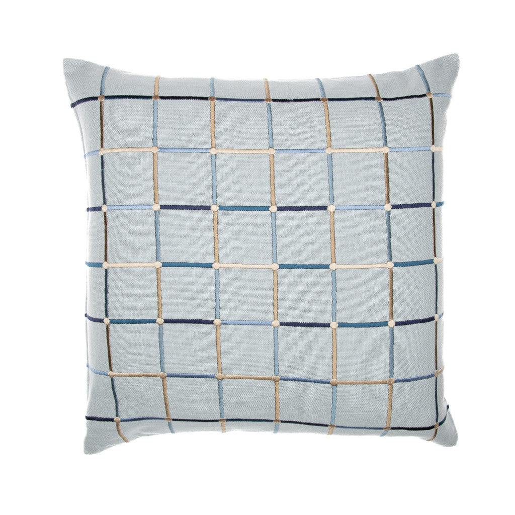 Light Blue Check Cotton Blend Pillow w/ Embroidery