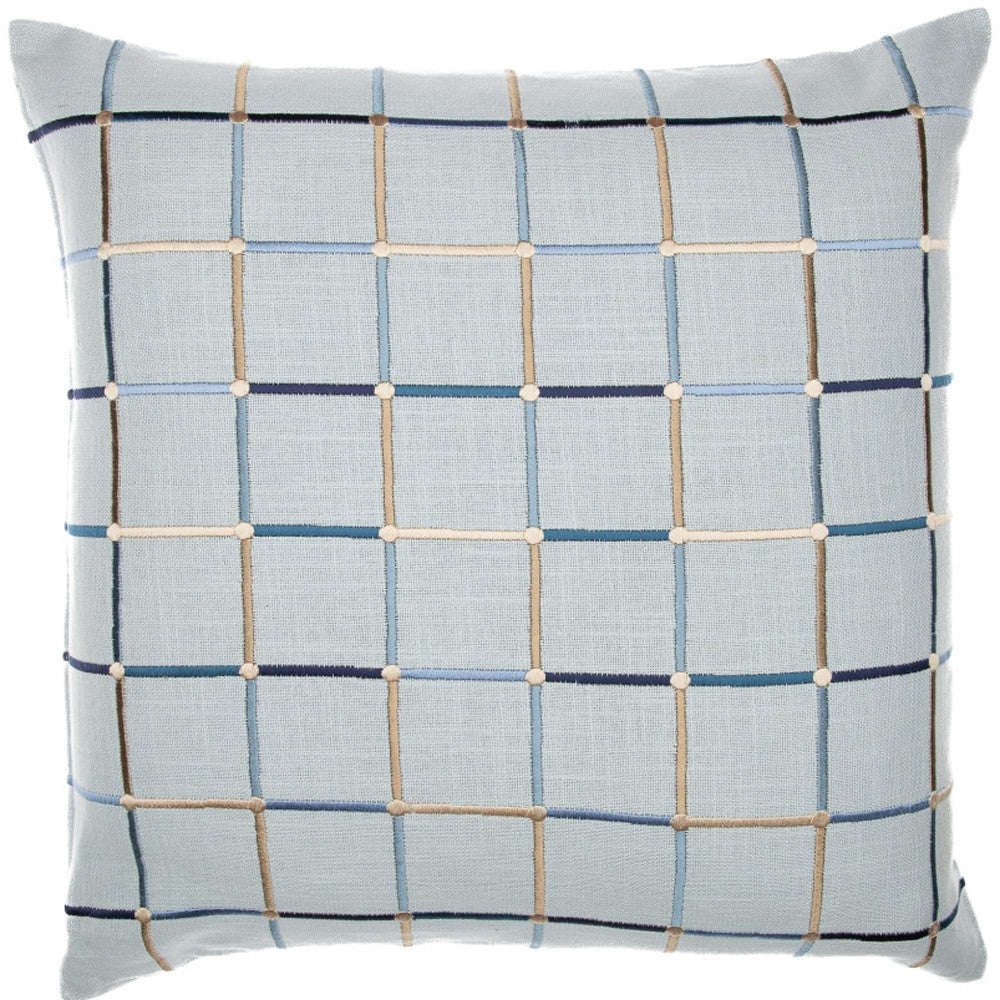Light Blue Check Cotton Blend Pillow w/ Embroidery