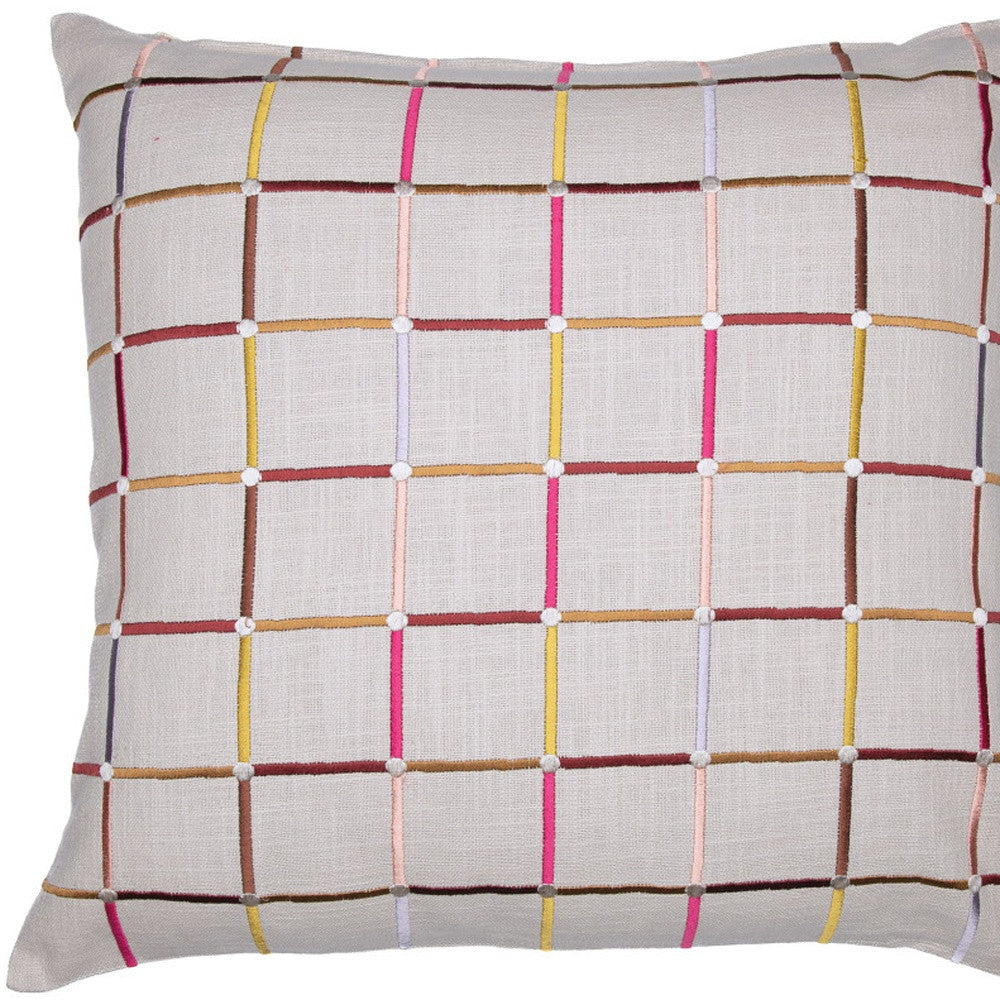 White Check Cotton Blend Pillow w/ Embroidery