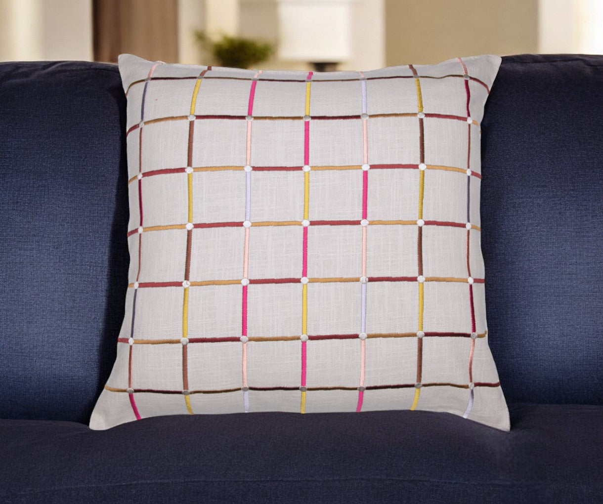 White Check Cotton Blend Pillow w/ Embroidery