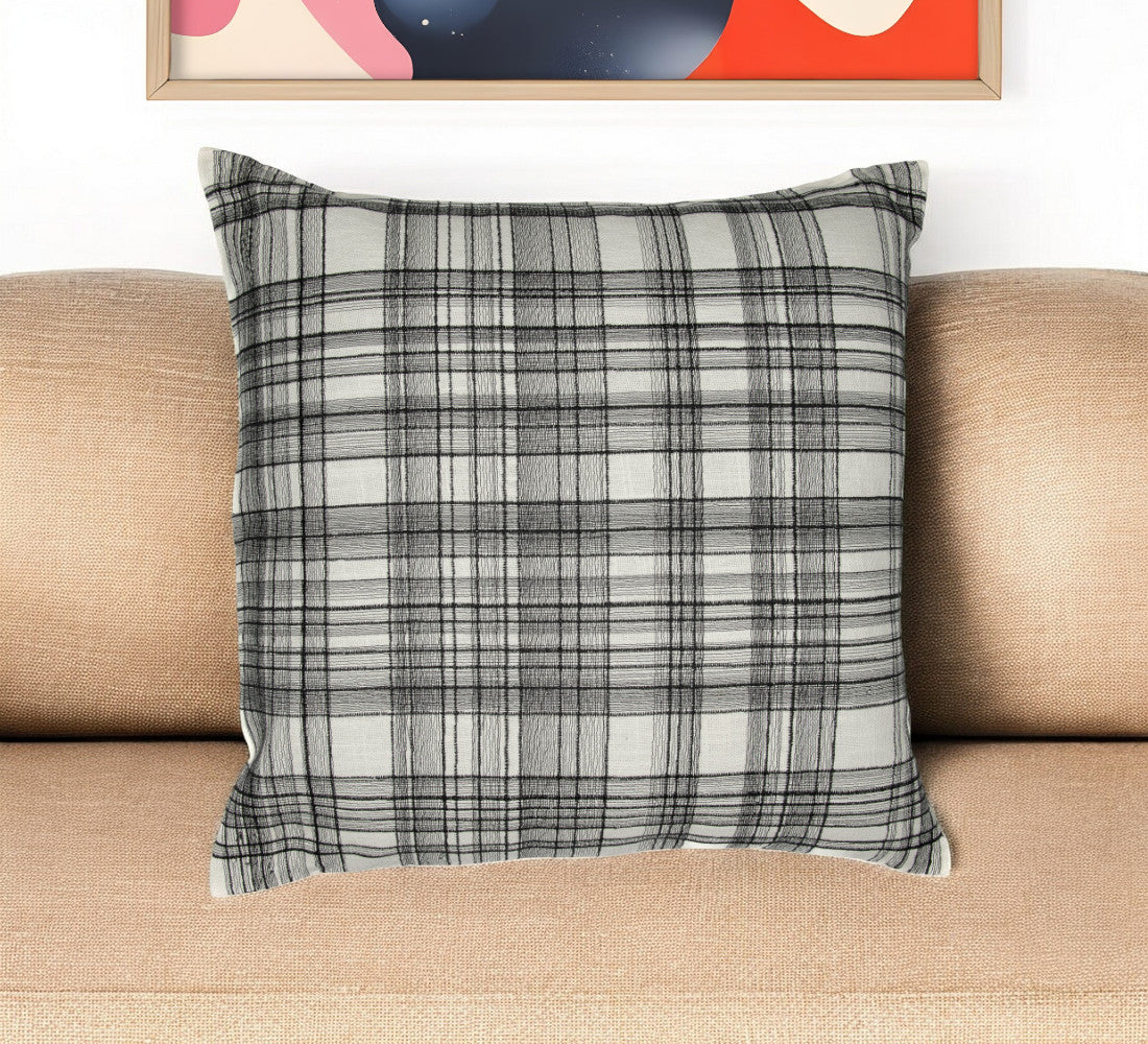 White & Black Check Cotton Blend Pillow w/ Embroidery