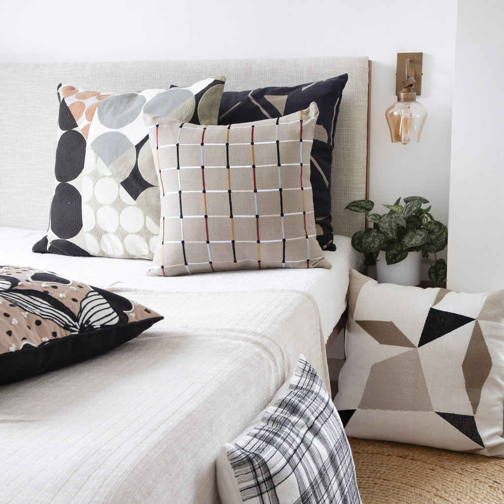 White & Black Check Cotton Blend Pillow w/ Embroidery