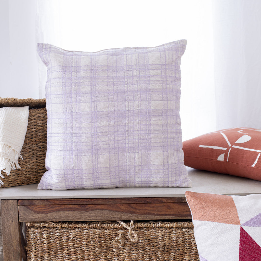 Ivory Check Cotton Blend Pillow w/ Embroidery
